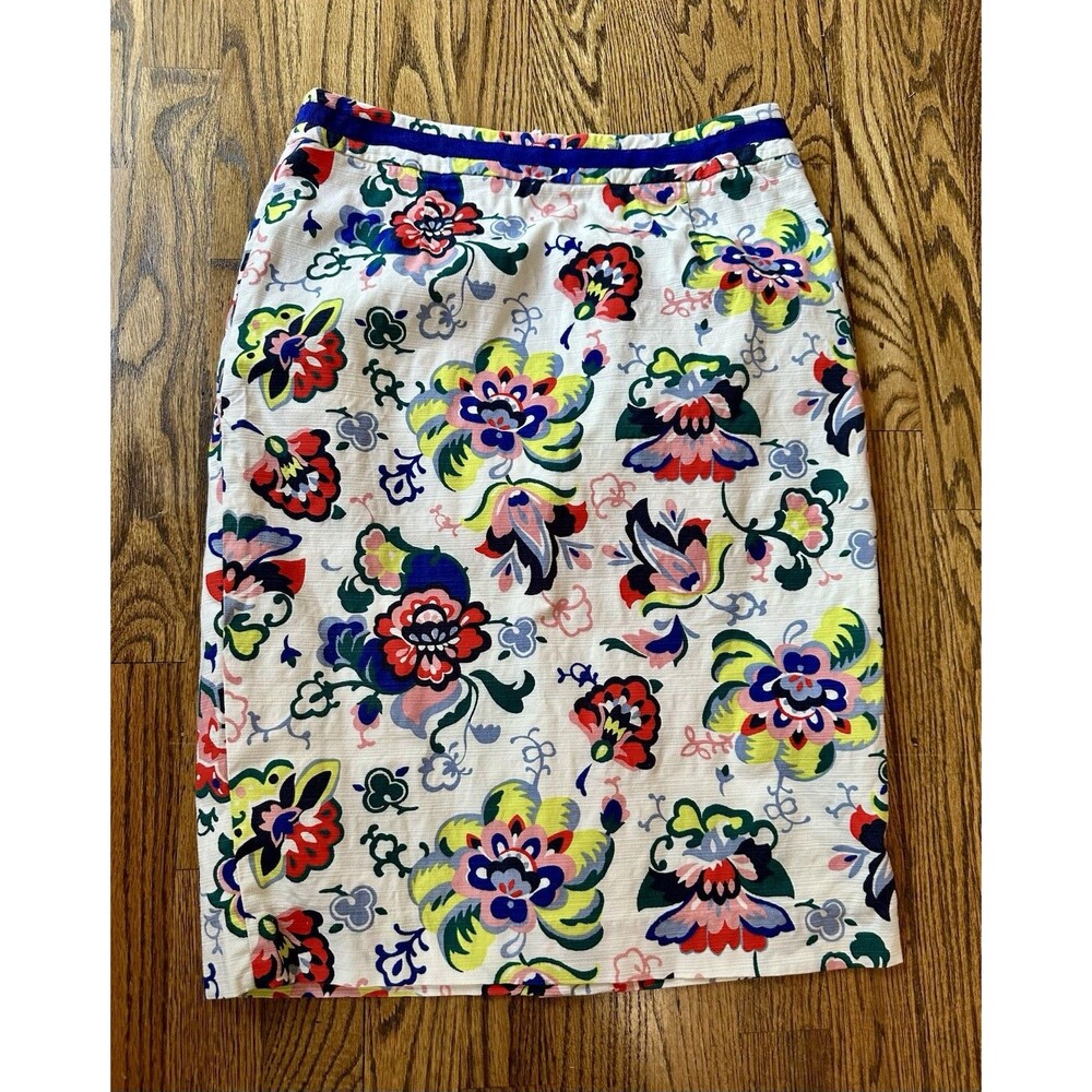 Boden Cotton Bright Floral A-Line Pencil Skirt Lined Ribbon Trim Size US 6 EUC